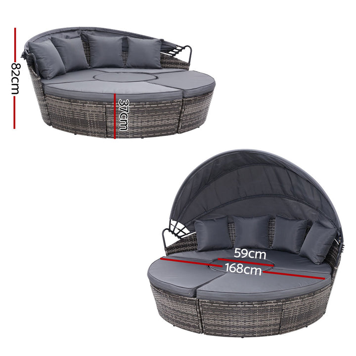Gardeon Daybed / Sun Lounge Set- Wicker Base with Canopy & Cushions / Pillows - Wicker / Grey