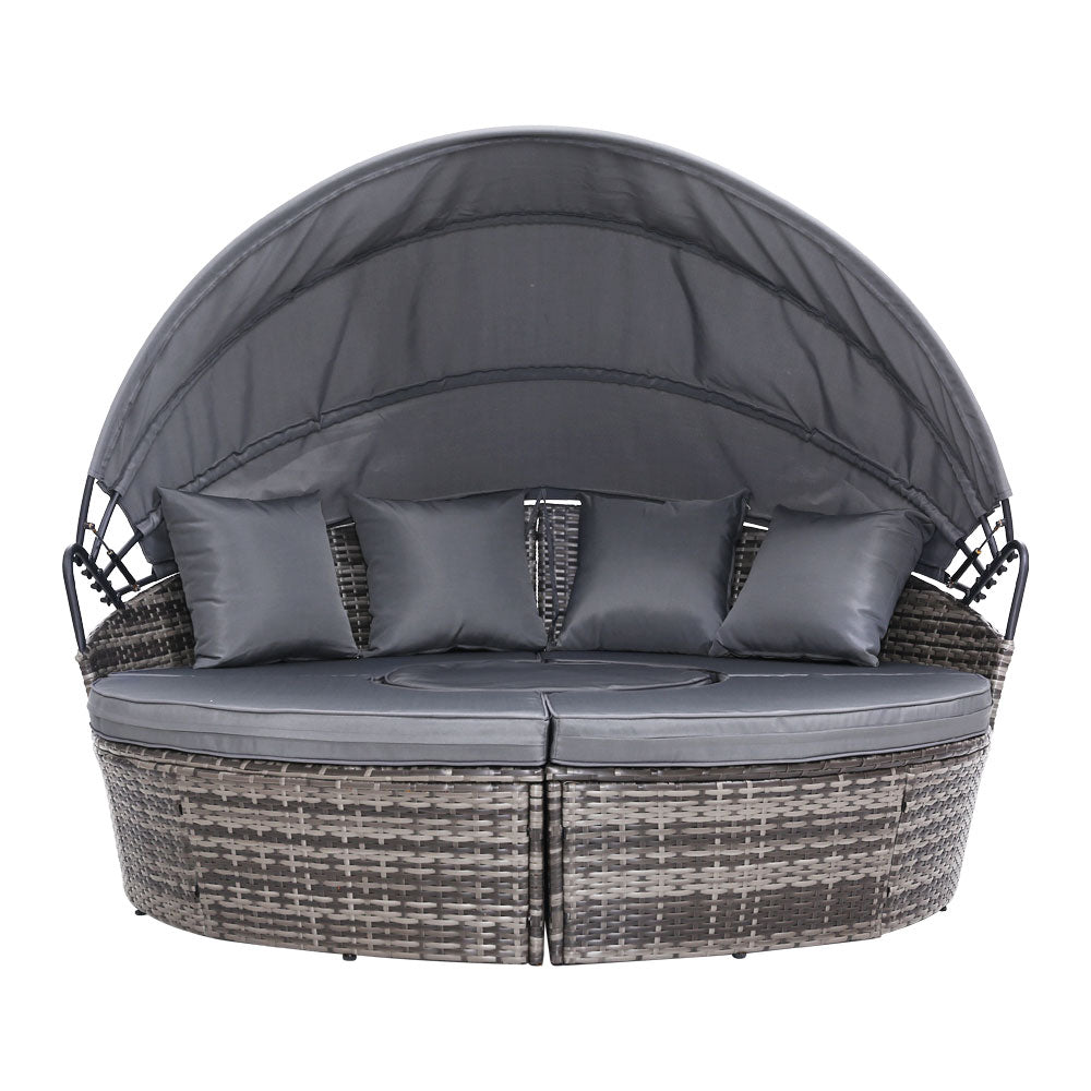 Gardeon Daybed / Sun Lounge Set- Wicker Base with Canopy & Cushions / Pillows - Wicker / Grey