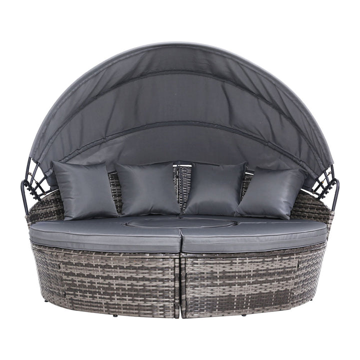 Gardeon Daybed / Sun Lounge Set- Wicker Base with Canopy & Cushions / Pillows - Wicker / Grey