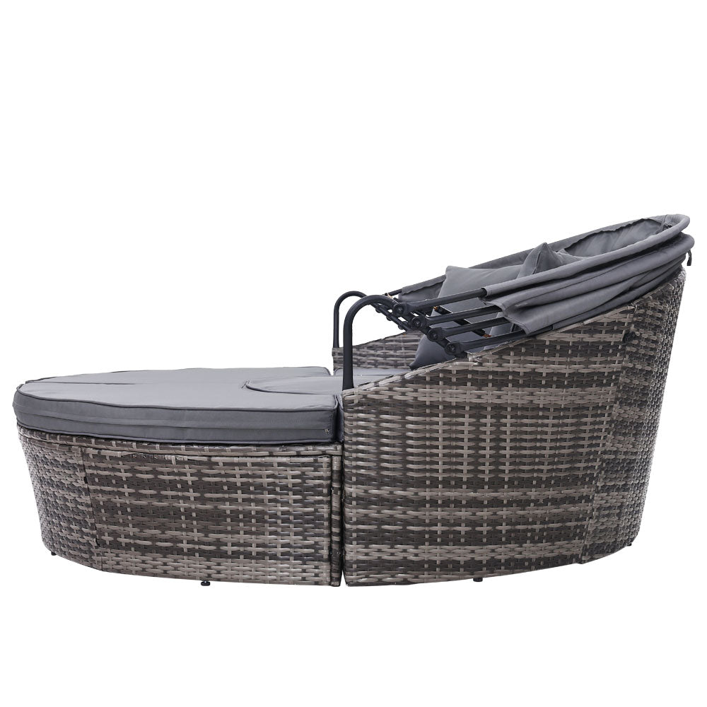 Gardeon Daybed / Sun Lounge Set- Wicker Base with Canopy & Cushions / Pillows - Wicker / Grey