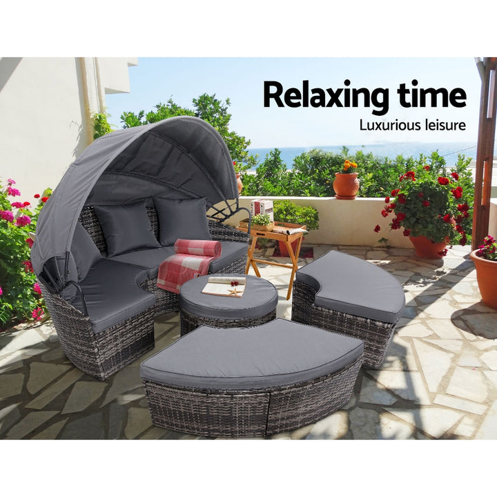 Gardeon Daybed / Sun Lounge Set- Wicker Base with Canopy & Cushions / Pillows - Wicker / Grey