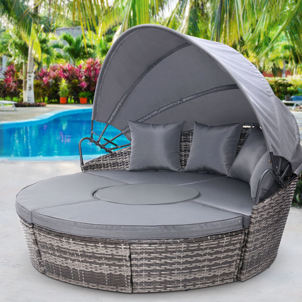 Gardeon Daybed / Sun Lounge Set- Wicker Base with Canopy & Cushions / Pillows - Wicker / Grey
