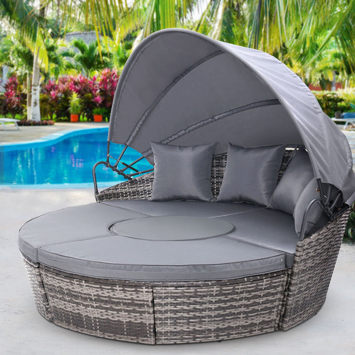Gardeon Daybed / Sun Lounge Set- Wicker Base with Canopy & Cushions / Pillows - Wicker / Grey