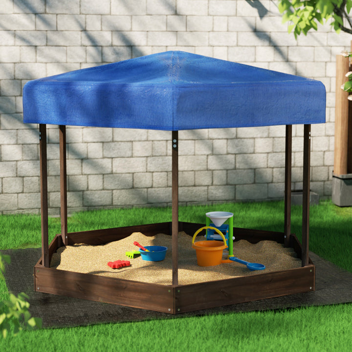Keezi Kids Sandpit Wooden Hexagon Sand Pit with Canopy Outdoor Beach Toys 182cm