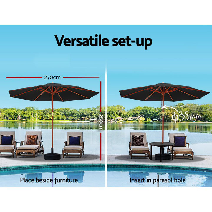Instahut 2..7m Outdoor Umbrella - with Base & Pole - Black
