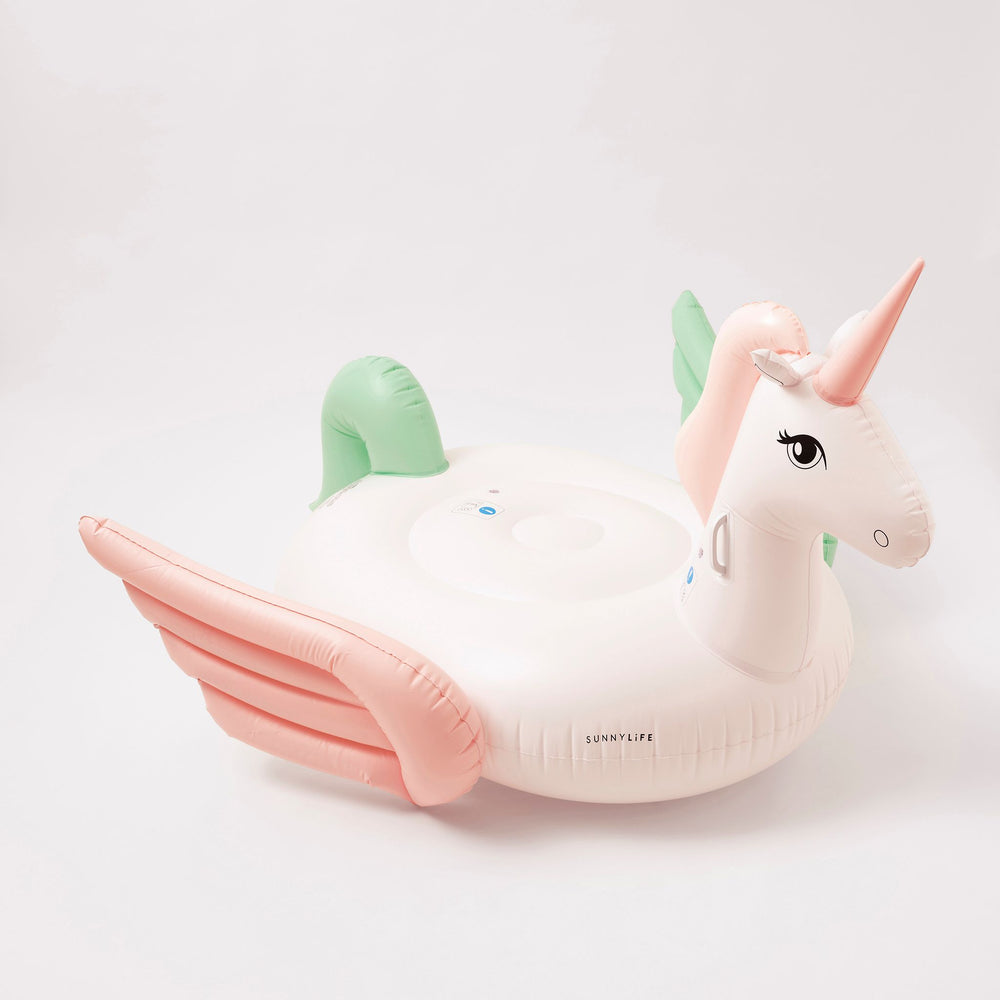 Unicorn inflatable pool float for lie on and sit on that you can use at the pool or the beach. it is suitable for adults or kids