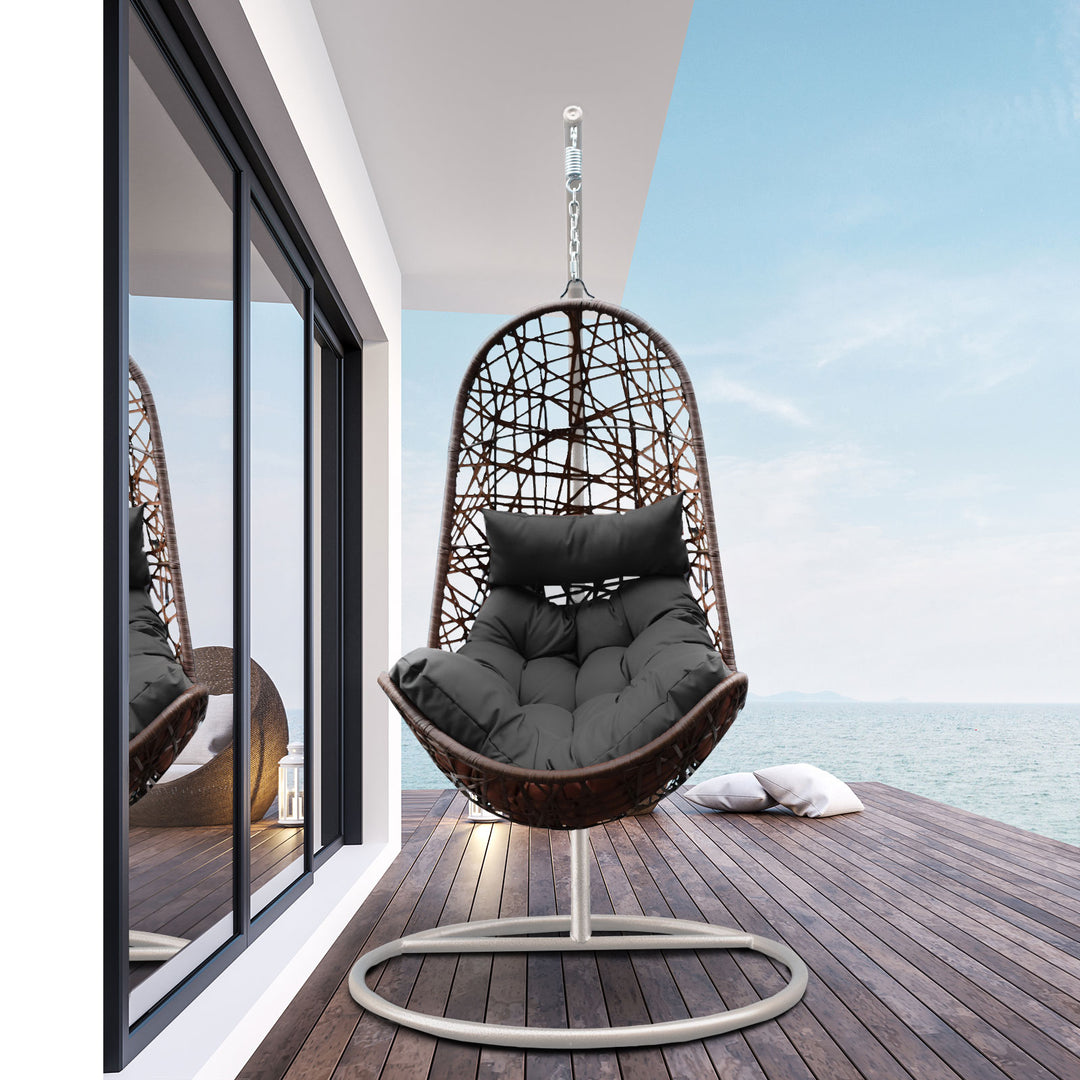Arcadia Furniture Hanging Basket Egg Chair Outdoor Wicker Rattan Patio Garden - Oatmeal and Grey