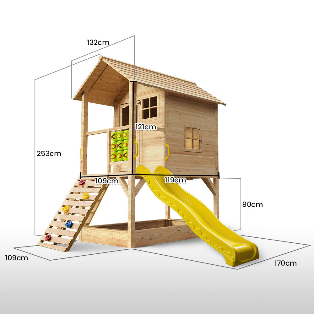 ROVO Elevated Cubby House with Slide, Sandpit, Climbing Wall, Noughts & Crosses, Natural Colour
