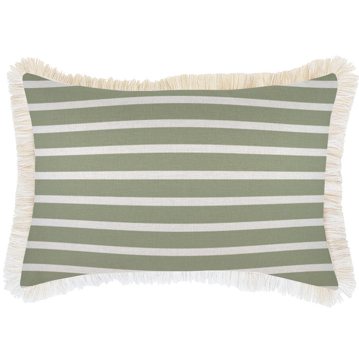 Cushion Cover-Coastal Fringe Natural-Hampton Stripe Sage-35cm x 50cm