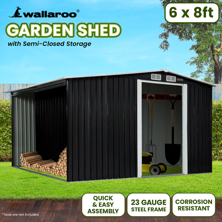 Wallaroo 6ft x 8ft Garden Shed with Semi-Closed Storage Space - Black