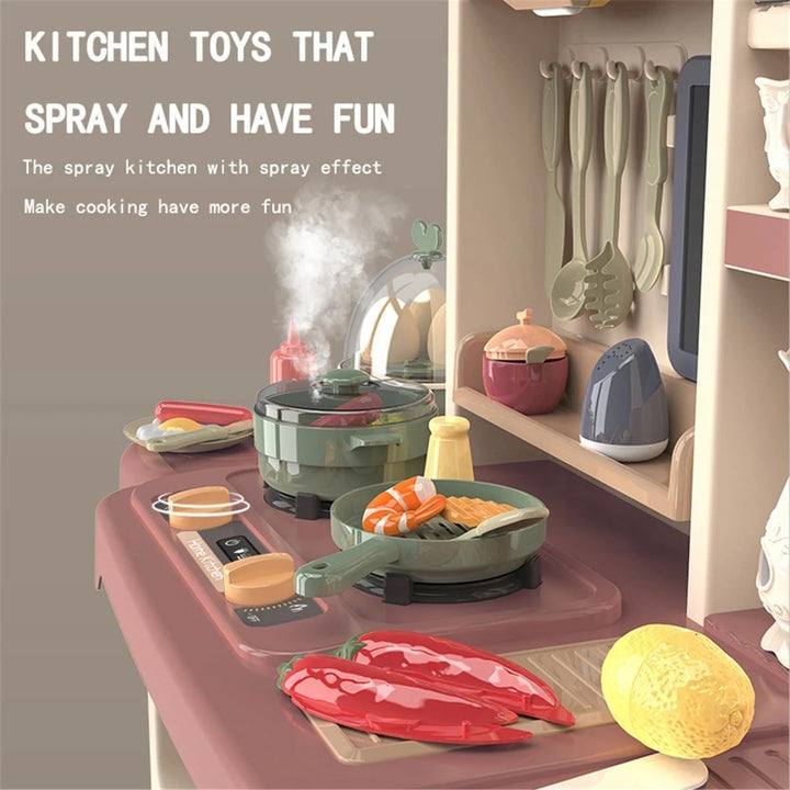 65pcs 93cm Children Kitchen Kitchenware Play Toy Simulation Steam Spray Cooking Set Cookware Tableware Gift Brown Color