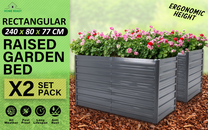 Home Ready 2 Set 240 x 80 x 77cm Grey 2-in-1 Raised Garden Bed Galvanised