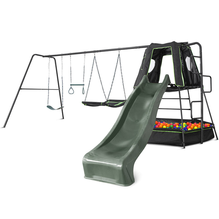 Pallas Play Tower with Metal Swing Set in Green Slide