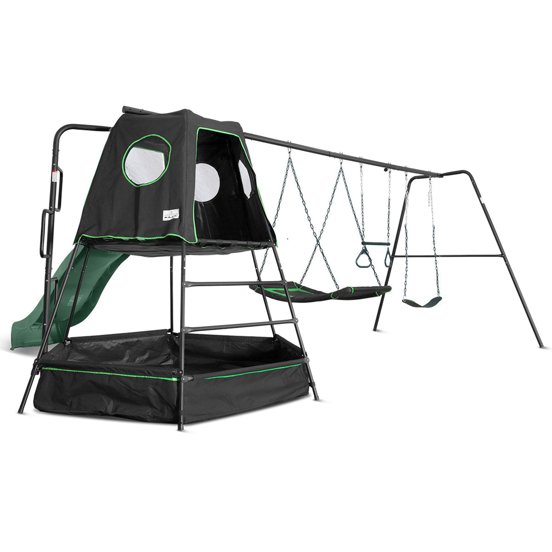 Pallas Play Tower with Metal Swing Set in Green Slide
