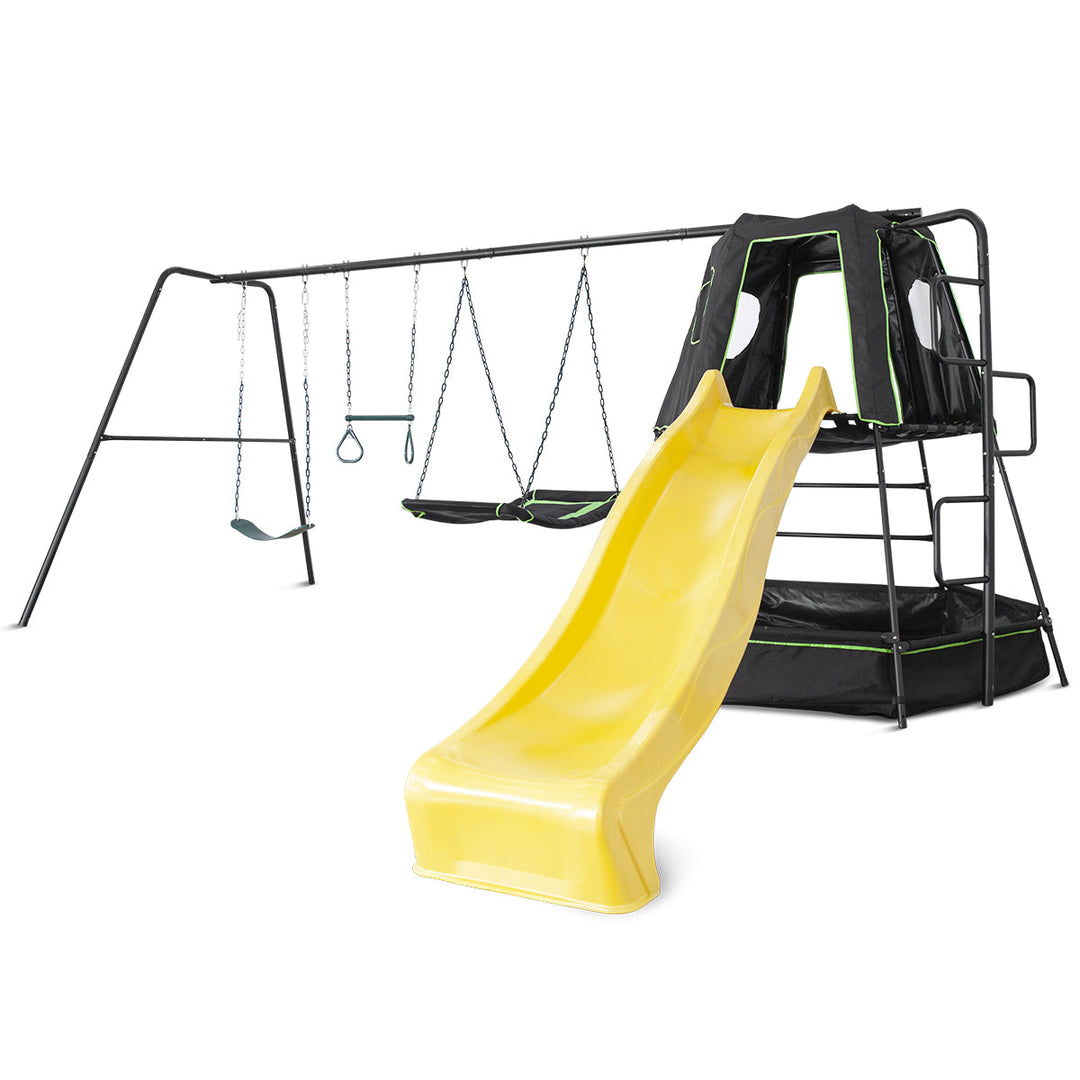 Pallas Play Tower with Metal Swing Set in Yellow Slide