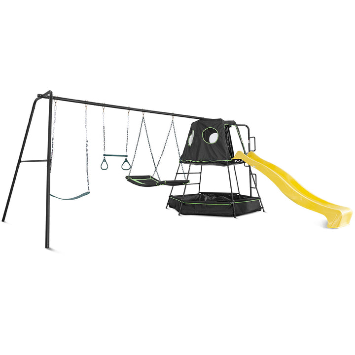 Pallas Play Tower with Metal Swing Set in Yellow Slide