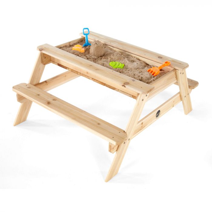 sand pit inside a kids picnic table with benches that is suitable for outdoor play and activities