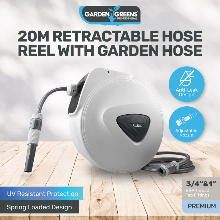 20m Retractable Hose Reel Spring Loaded Swivel & Rewind Design