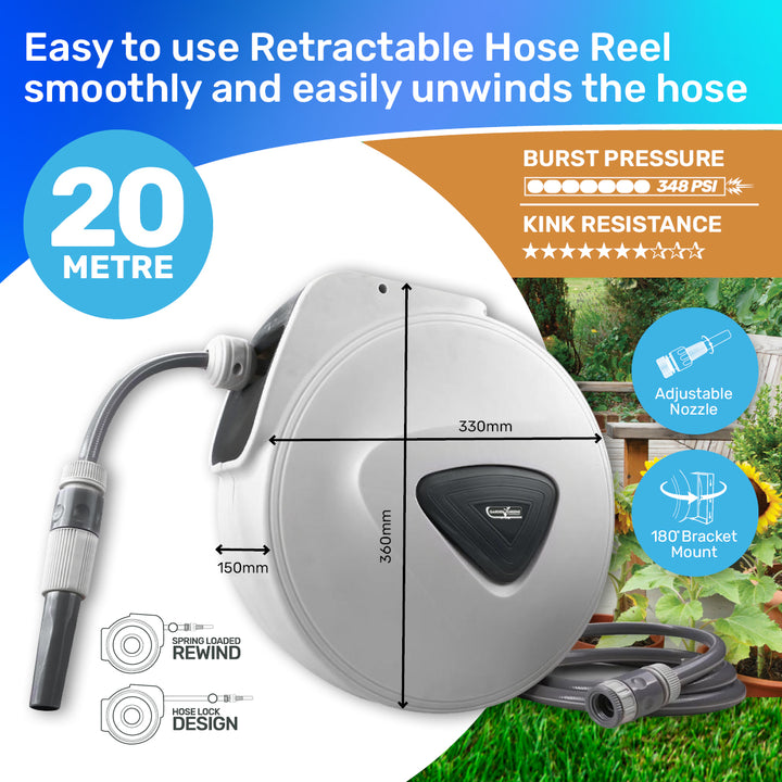 20m Retractable Hose Reel Spring Loaded Swivel & Rewind Design