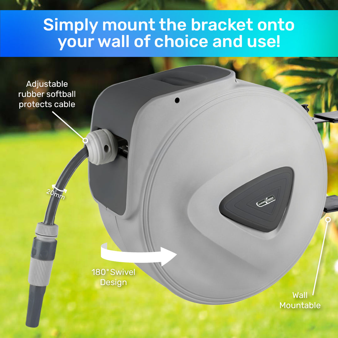 20m Retractable Hose Reel Spring Loaded Swivel & Rewind Design