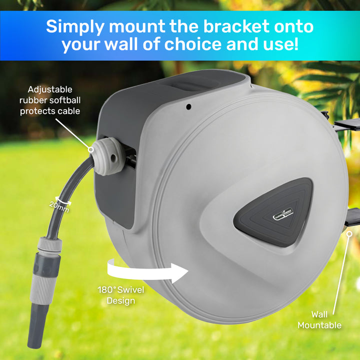 20m Retractable Hose Reel Spring Loaded Swivel & Rewind Design
