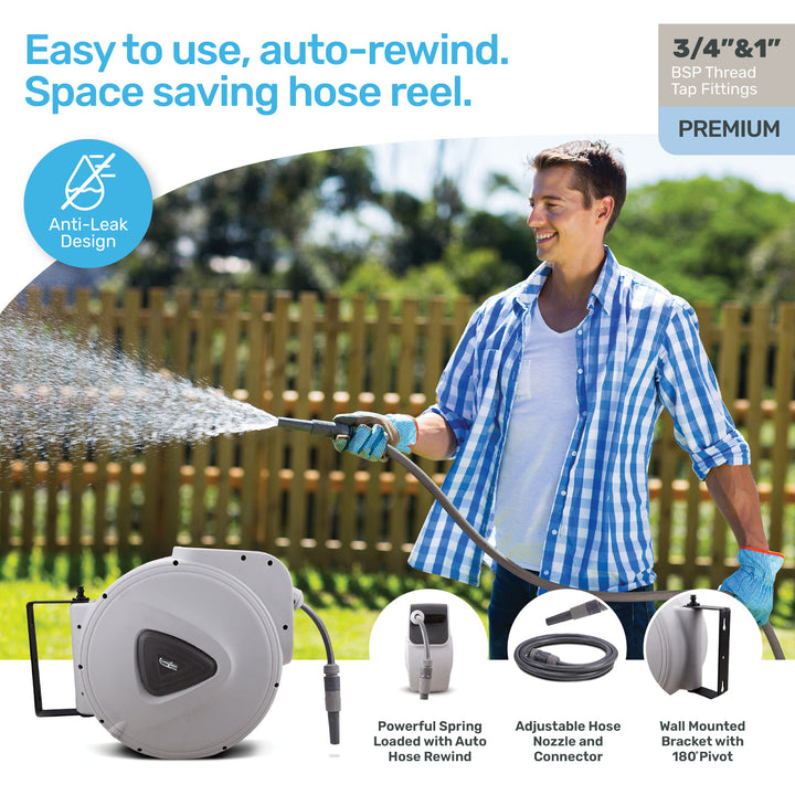 20m Retractable Hose Reel Spring Loaded Swivel & Rewind Design
